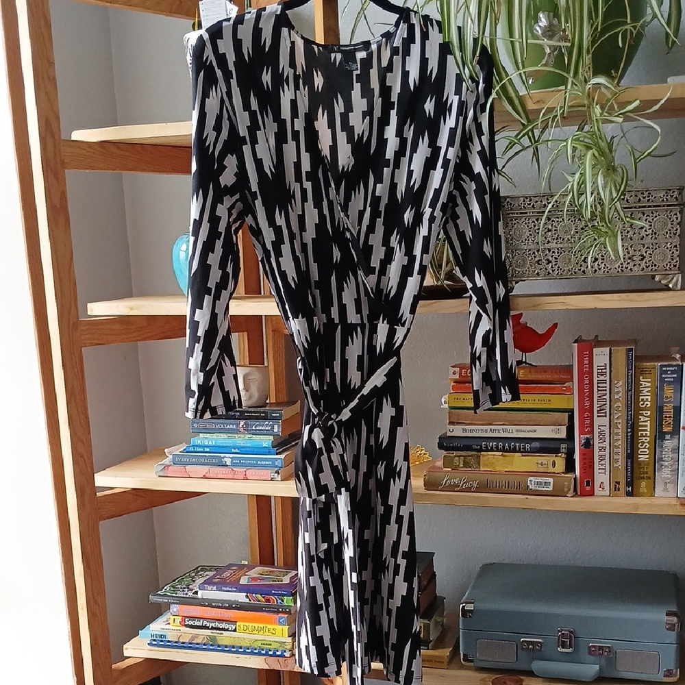 INC International Concepts Black and White Long Sleeve Wrap Dress